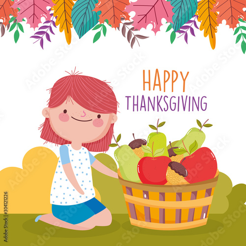 happy thanksgiving celebration cute girl with basket filled fruits in the park
