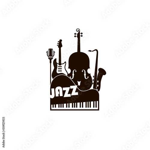black jazz festival emblem with music instruments