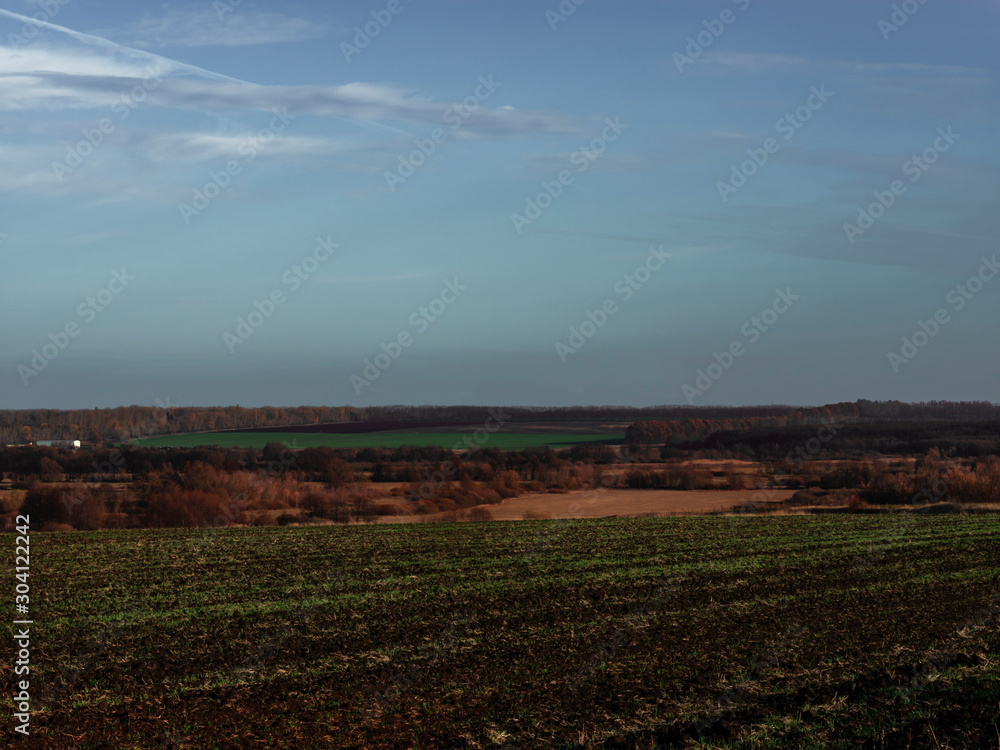 Rural landscape against a clear autumn sky. Steam fields, meadows and planting. Rural landscape against a clear autumn sky. Steam fields, meadows and planting.