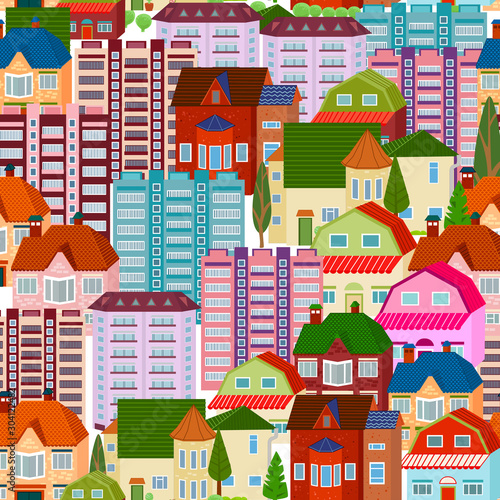 seamless texture with collection of colorful sweet houses for yo