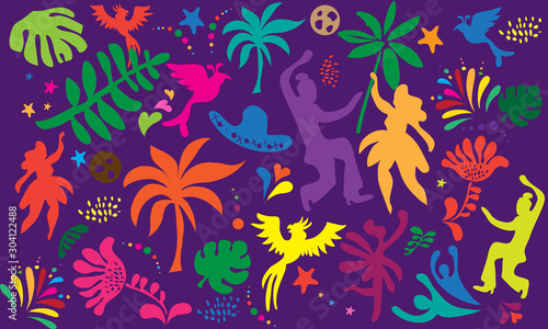 Brazilian Carnival 2024 Samba Festival Abstract Summer Holiday Beach Party festival carnival banner with birds  palm tree leaves  dancer women people flowers tropical icon pattern fiesta vector