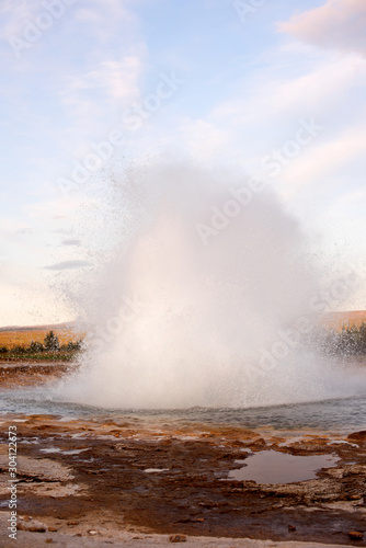 Geysir destrict in the south of Iceland.The Strokkur Geyser erupting at the Haukadalur geothermal area, part of the golden circle, Iceland, Europe