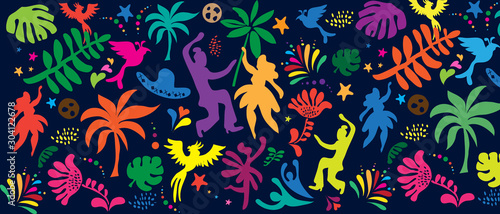 Brazilian Carnival 2024 Samba Festival Abstract Summer Holiday Beach Party festival carnival banner with birds, palm tree leaves, dancer women people flowers tropical icon pattern fiesta vector
