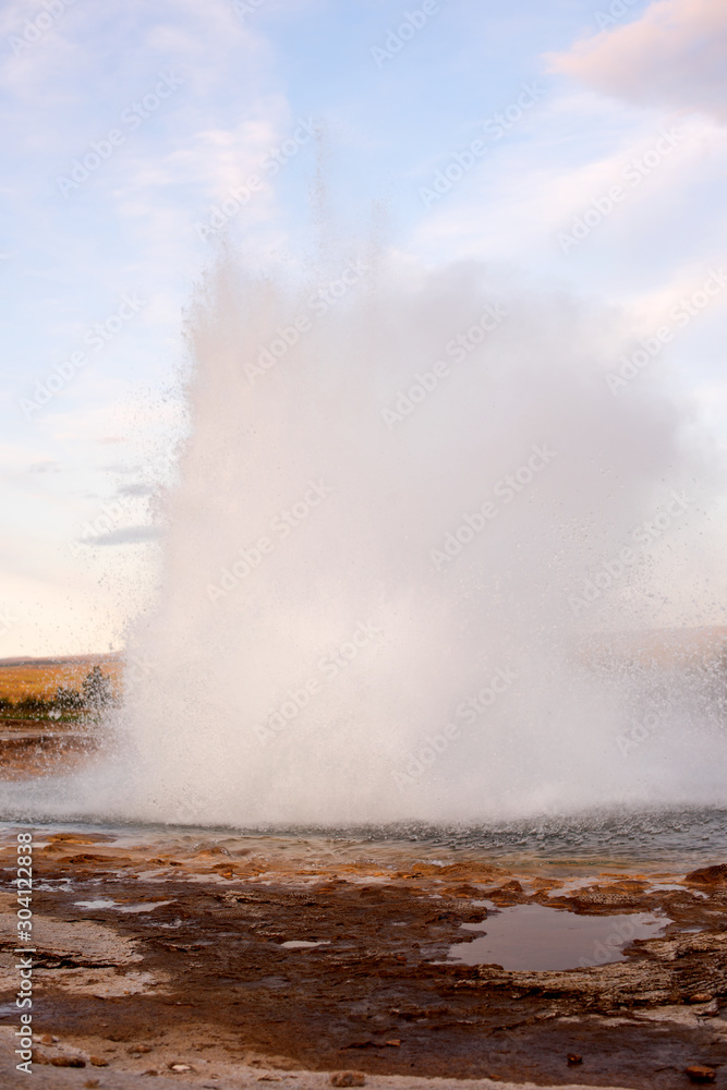 Geysir destrict in the south of Iceland.The Strokkur Geyser erupting at the Haukadalur geothermal area, part of the golden circle, Iceland, Europe