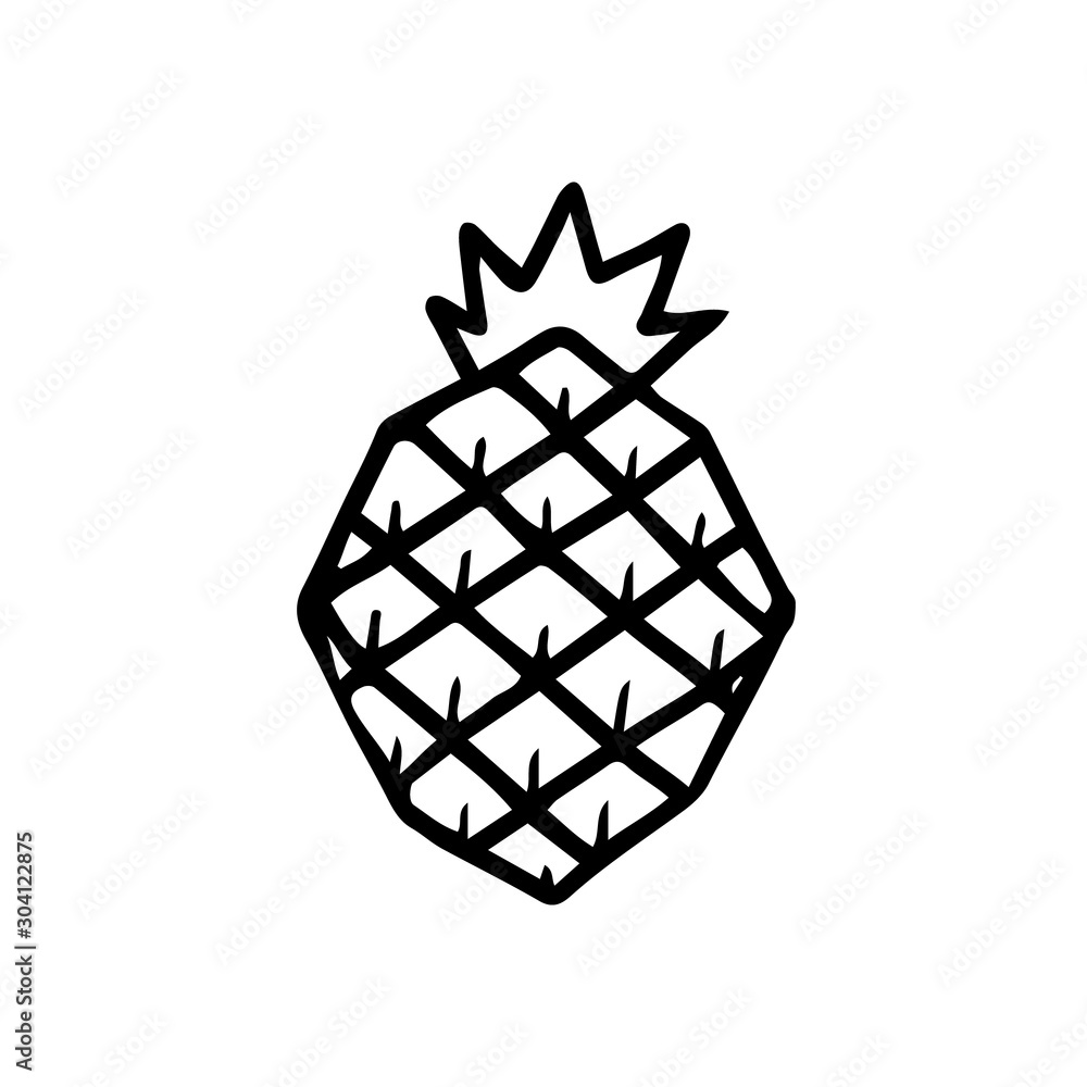 Hand drawn monochrome icon of pineapple fruit with leaf ...