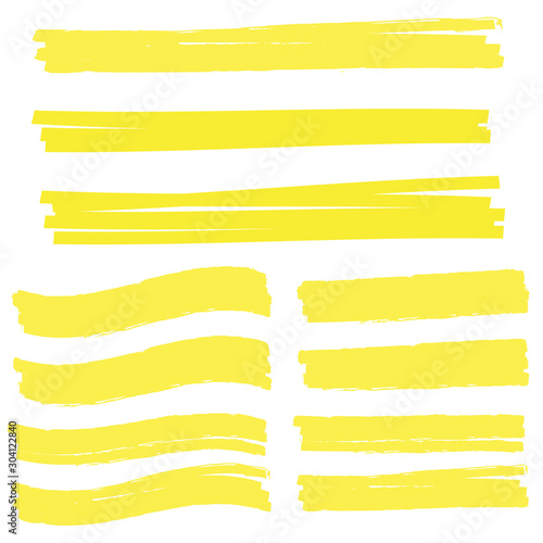 Highlight marker. Highlight yellow strokes. Marker pen highlight