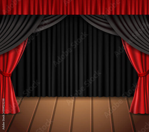 Background with black and red curtain on wooden floor