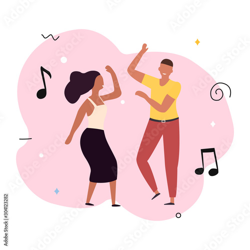 Young happy dancing guy and girl isolated on a white background. Smiling young man and woman enjoy a dance party. Flat style. Vector illustration