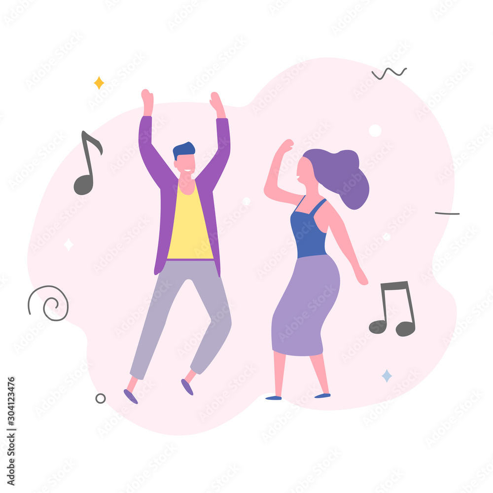 Young happy dancing guy and girl isolated on a white background. Smiling young man and woman enjoy a dance party. Flat style. Vector illustration Young happy dancing guy and girl isolated on a white background. Smiling young man and woman enjoy a dance party. Flat style. Vector illustration
