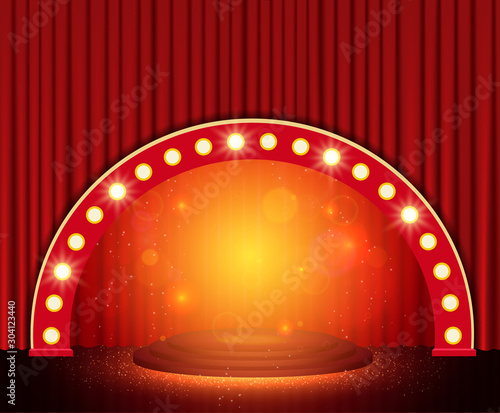 Background with red theatre curtain, podium and arch