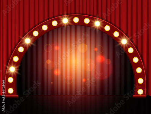 Background with red theatre curtain and podium arch