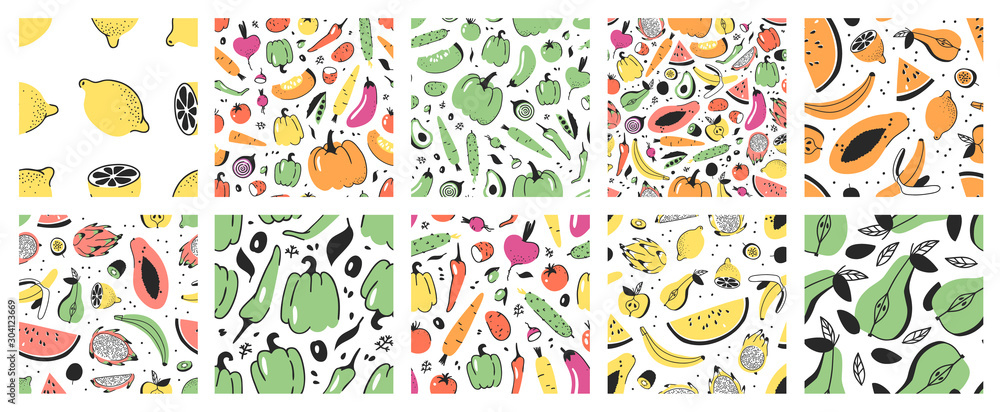 Fototapeta Ręcznie rysowane duży zestaw bez szwu wzorów z warzywami i owocami. Wektor artystyczny rysunek żywności. Wegański posiłek ilustracyjny
