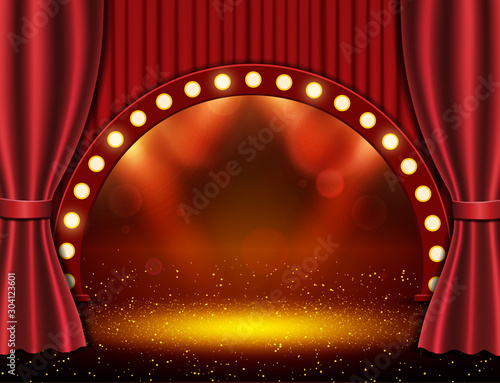 Background with red curtain and spotlights. Design for presentation, concert, show