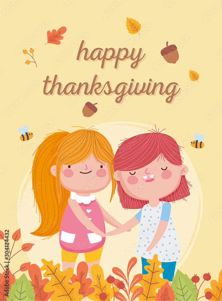 happy thanksgiving day cute little girls acorn bees leaves fall happy thanksgiving day cute little girls acorn bees leaves fall