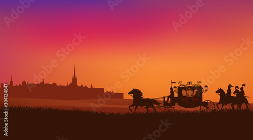 antique carriage with knights retinue riding horses and ancient city silhouette - fairy tale kingdom vector sunset scene