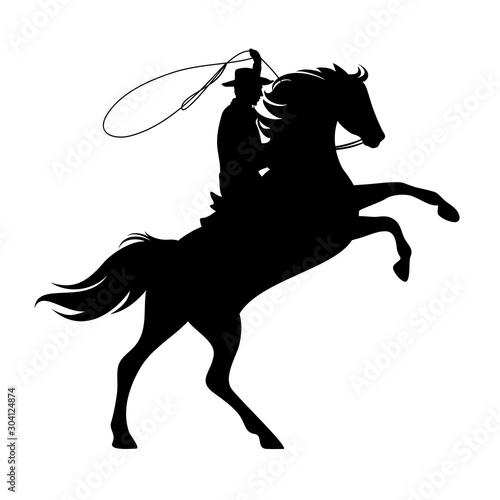 Fototapeta cowboy riding rearing up horse and throwing lasso - wild west ranger black and white vector silhouette design