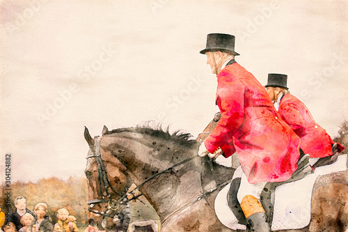 Watercolor painting of two horse riders in red uniforms and top hats during a fox hunt. Equestrian riding sport in a public park.