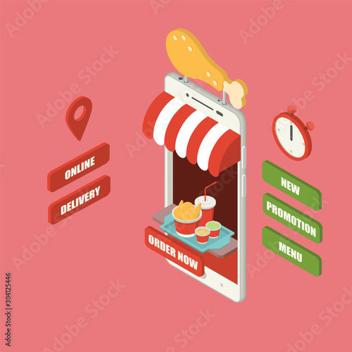 Giant isometric smartphone with fried chicken leg sign, chicken bucket, mashed potatoes, coleslaw and cold drink serving on tray, shop, counter, big sign, stopwatch and buttons
