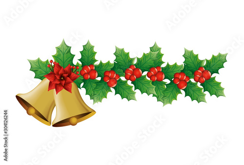 bells christmas with flower and leafs decoration vector illustration design
