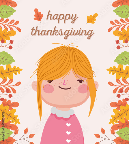 happy thanksgiving day cute girl autumnal foliage decoration