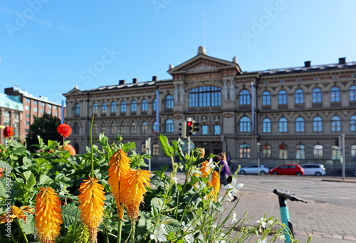Ateneum finnish big museum in Helsinki and flowers summer city streets famous places city center photo