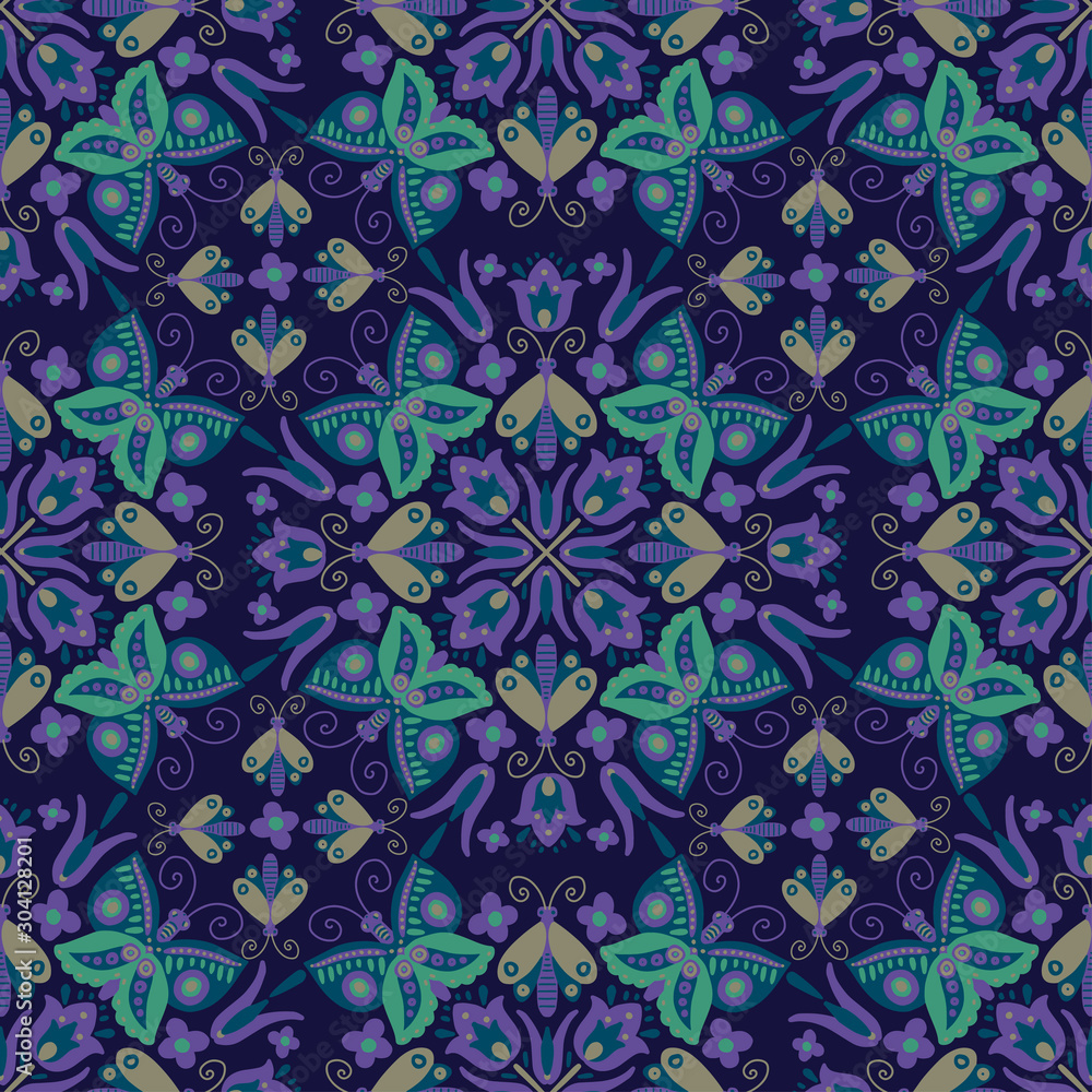 Modern seamless vector floral pattern with kaleidoscope motifs. Can be used for printing on paper, stickers, badges, bijouterie, cards, textiles. 