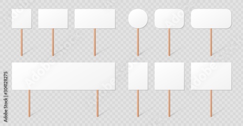 Blank demonstration banners collection isolated on transparent background. Protest signs on wood sticks set. Blank placard mockups with wooden holders realistic 3d vector illustration.