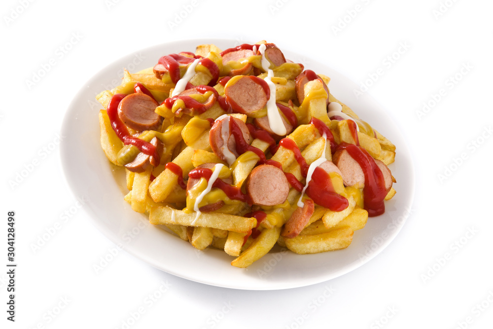 Typical Latin America Salchipapa. Sausages with fries, ketchup, mustard and mayo, isolated on white background Typical Latin America Salchipapa. Sausages with fries, ketchup, mustard and mayo, isolated on white background