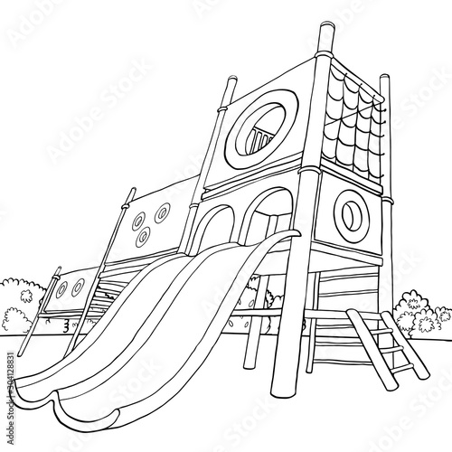 Childrens playground at public park or in the yard. Coloring book. ector illustration. Isolated on white background.