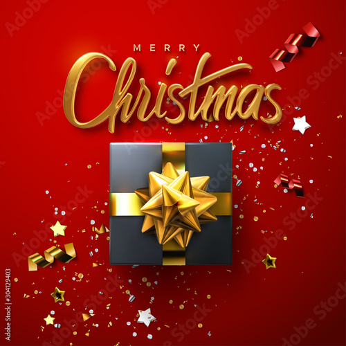 Merry Christmas. Vector 3d illustration. Festive golden lettering on red background with confetti particles, tinsel, streamers, stars, gift box. Festive banner design. Christian religious event sign