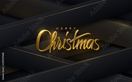 Merry Christmas. Vector 3d illustration. Festive golden lettering on black papercut background. Geometric paper shapes with golden linear pattern. Festive banner design. Christian religious event sign