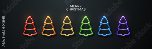 Abstract rainbow colors Christmas tree set. Vector festive illustration. Fir-tree shapes isolated on black background. Festive elements for LGBT family xmas design. Merry Christmas