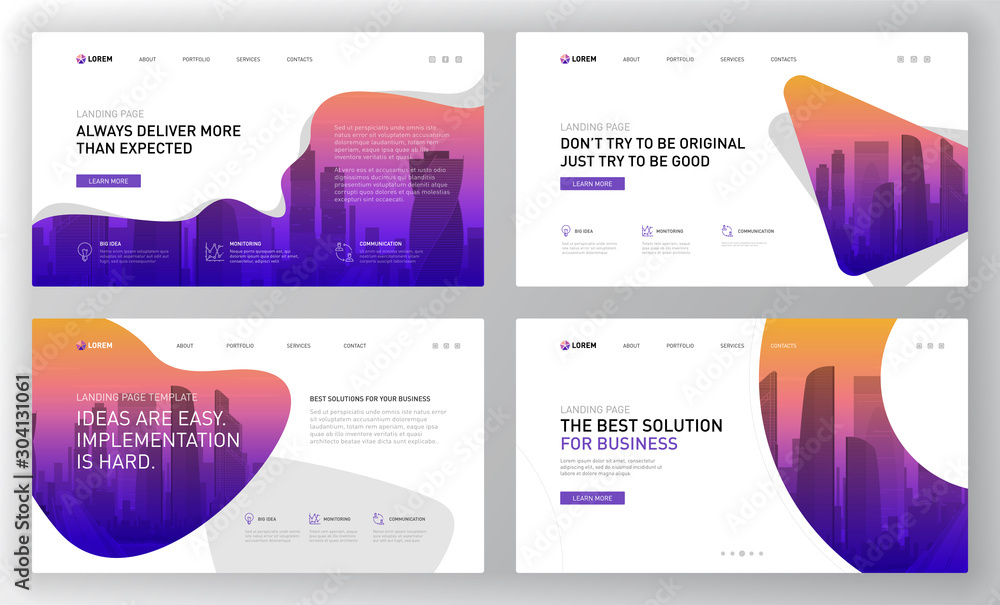 Landing page templates set for business website. Modern web page design concept layout for website. Vector illustration. Brochure cover, banner, slide, powerpoint template.