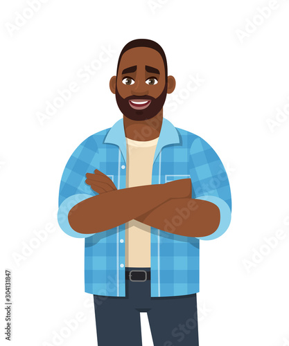 Trendy young African American man standing with crossed arms. Stylish person looking and posing folded hands. Male character design illustration. Modern lifestyle concept in vector cartoon style.