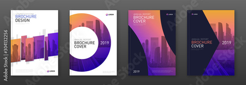 Brochure cover design layout set for business and construction. Abstract geometry whith colored cityscape vector illustration on background. Good for annual report, industrial catalog design.