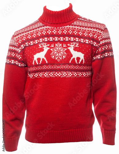 Red knitted Christmas turtleneck sweater on a mannequin isolated