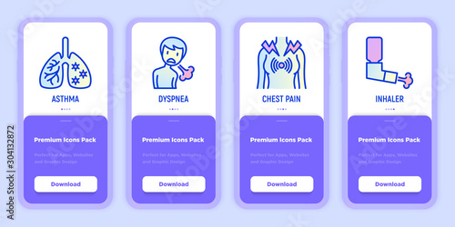 Asthma mobile user interface with copy space and thin line icons: lungs, dyspnea, chest pain, inhaler. Modern vector illustration for medical mobile app.