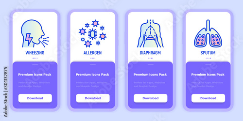 Asthma mobile user interface with copy space and thin line icons: wheezing, allergen, diaphragm, sputum. Modern vector illustration for medical mobile app.