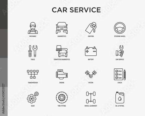 Car service thin line icons set: mechanic, computer diagnostics, ignition, steering wheel , battery, transmission, engine, piston, oil petrol, tire fitting. Modern vector illustration.