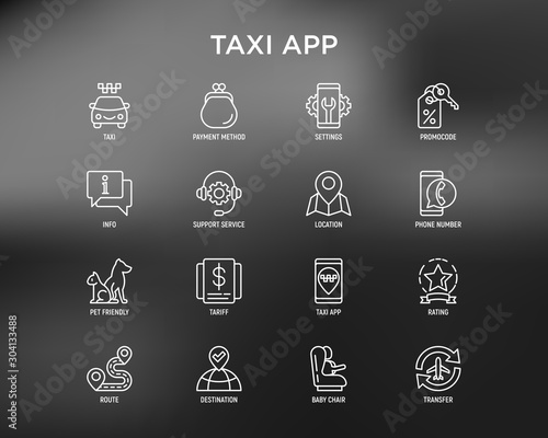 Taxi app thin line icons set: payment method, promocode, app settings, info, support service, phone number, location, pointer, route, airport transfer, child seat. Vector illustration for black theme.