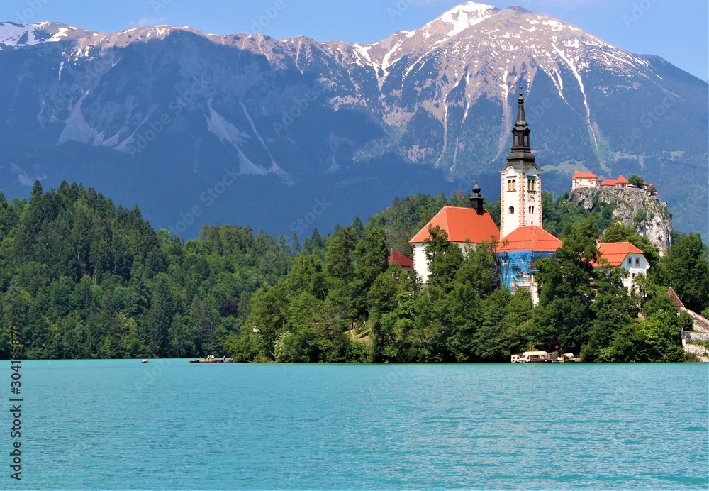Stunning view to Bled Island with its church and Bled Lake 