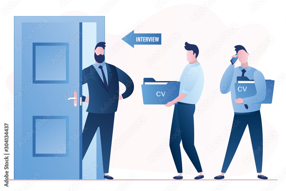 Open door in interview cabinet room. Businessman boss interviewer and two men with cv resume waiting. Open door in interview cabinet room. Businessman boss interviewer and two men with cv resume waiting.