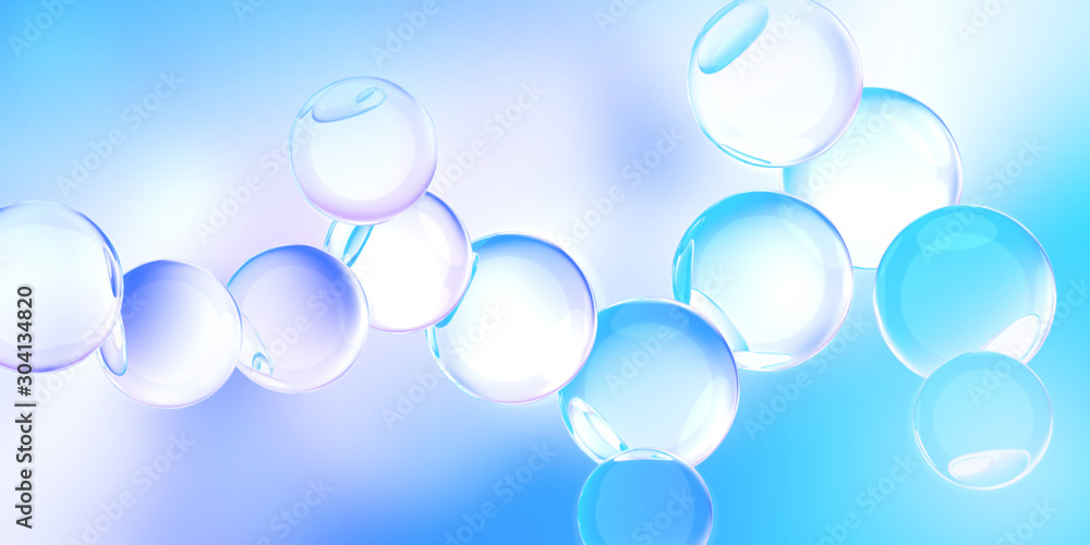Model of the molecule on a blue and violet background. Abstract 3d illustration relevant to scientific, chemical, and physical subjects. - obrazy, fototapety, plakaty 