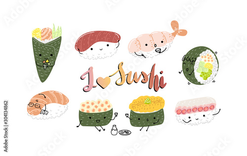 hand draw cute kawaii style sushi set with word " I love sushi " illustration vector 