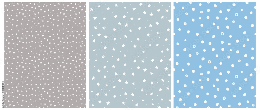 Cute White Stars and Dots Seamless Vector Patterns. Tiny Stars Isolated on a Blue and Gray Background. Simple Infantile Sky Design. Delicate Dotted Vector Print Ideal for Fabric, Card, Layout. Cute White Stars and Dots Seamless Vector Patterns. Tiny Stars Isolated on a Blue and Gray Background. Simple Infantile Sky Design. Delicate Dotted Vector Print Ideal for Fabric, Card, Layout.