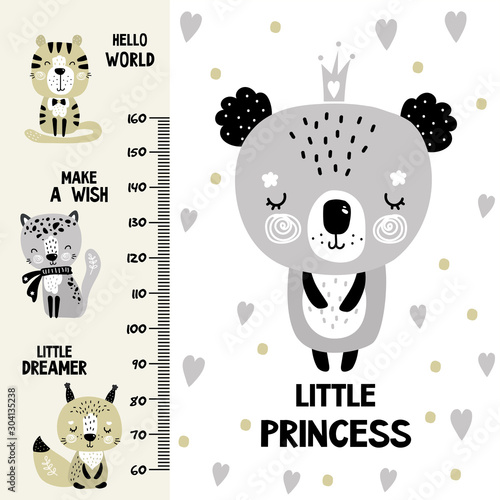 Kids height chart. Cute and funny doodle animals.Growth chart in scandinavian style. Poster template, childish print.