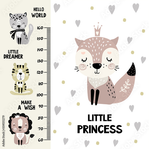 Kids height chart. Cute and funny doodle animals.Growth chart in scandinavian style. Poster template, childish print.