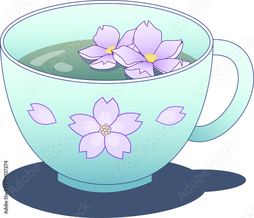 Green tea with sakura flowers. Vector illustration of herbal tea