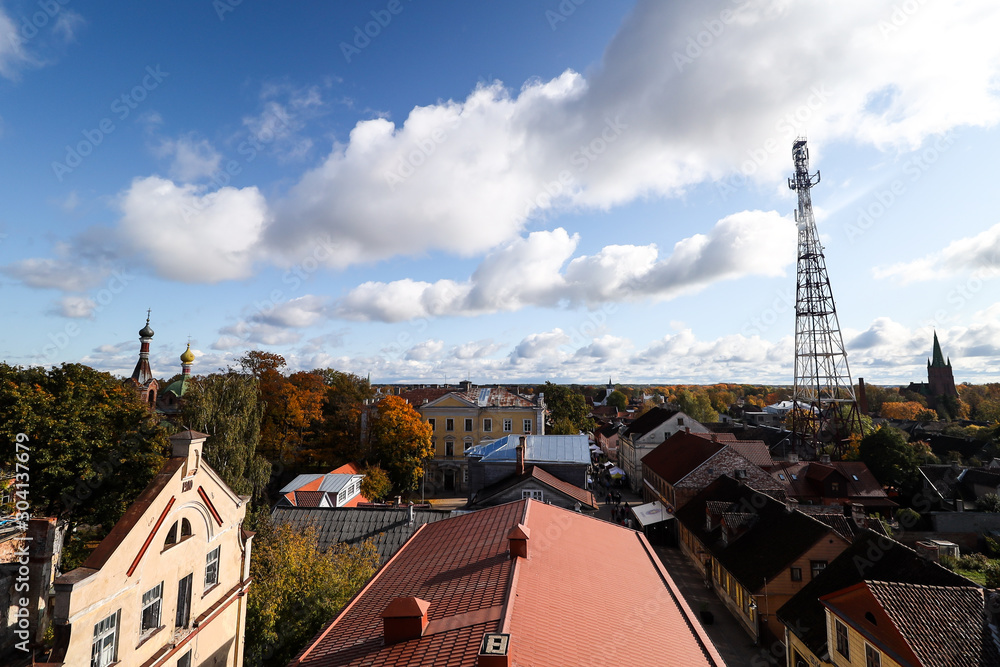 Beautiful village countryside view of old city Kuldīga, located in Latvia. Photo taken on sunny autumn day.