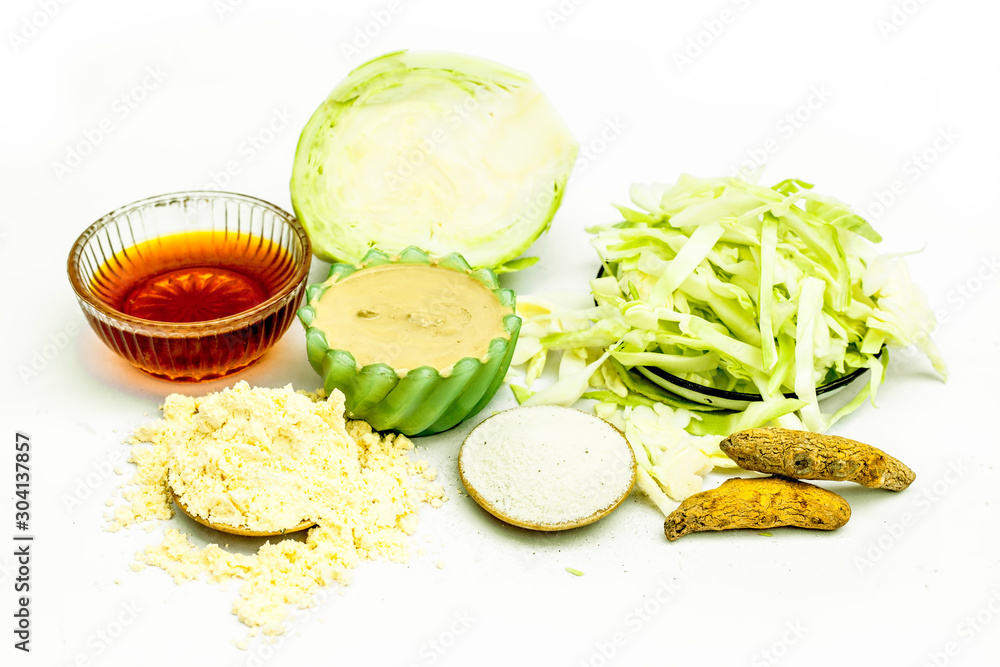 Face mask of cabbage, Haldi, turmeric, besan, chickpea flour, Multani